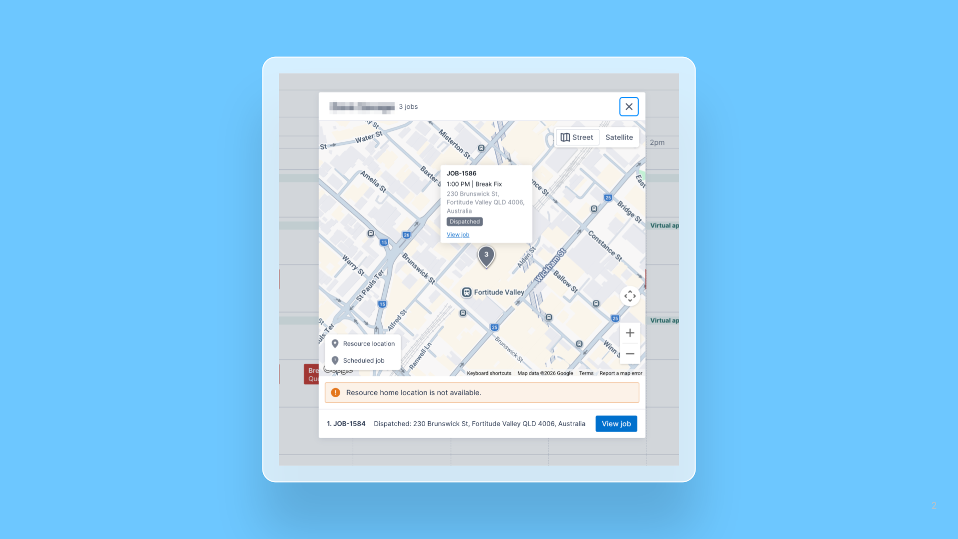 Image of a map view in modal showing a job information card